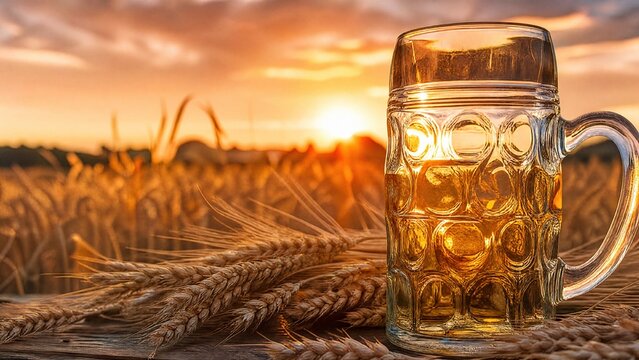 Glass wheat spirit stein catches golden sunset light in a Bavarian wheat field in classic Oktoberfest style