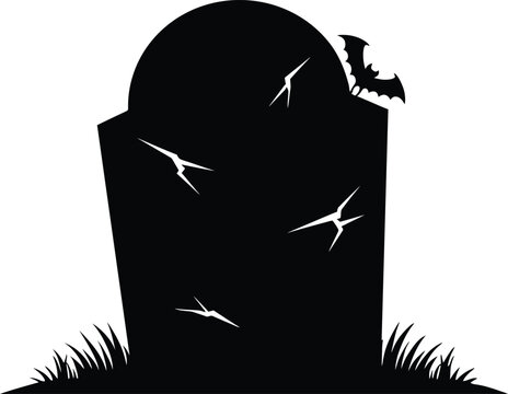 Black silhouette of a cracked tombstone with a small bat perched on top isolated on white background
