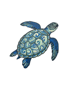 Ornate Sea Turtle Digital Illustration with Layered Ocean Wave Pattern on Shell Isolated on White for Marine Conservation and Home Decor Art