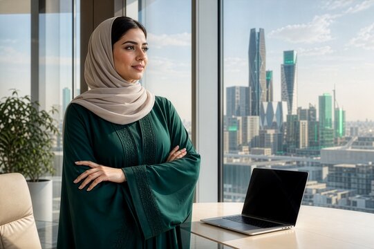 Confident Saudi female executive overlooking a modern city during the National Day season.