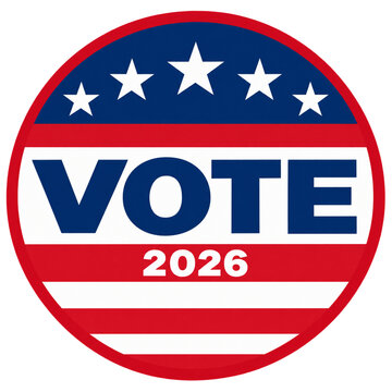 Vote badge for 2026 midterm elections featuring american flag design and circular emblem transparent background PNG