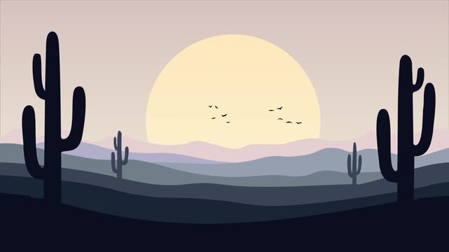 A desert sunset scene with silhouetted cacti, layered hills, birds, and a glowing sun uses slow parallax movement to create natural depth, ideal for travel, nature, background, and scenic visuals.