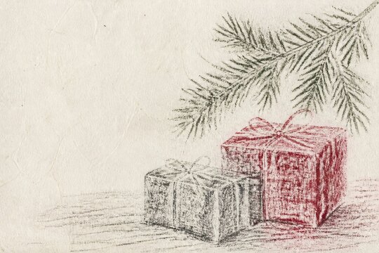 Frottage rubbing illustration of winter gifts and ornaments