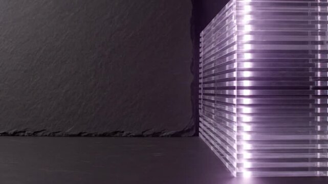 Abstract animation of stacked transparent acrylic glass sheets with glowing purple neon light on dark stone