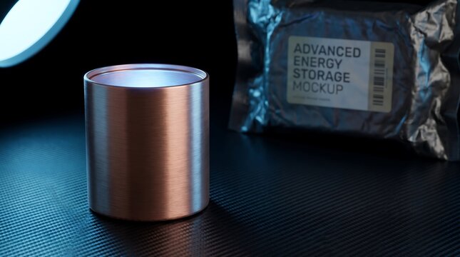 Futuristic cylindrical energy device mockup with metallic finish and advanced storage packaging on dark surface