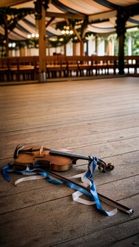 Violin bow rests on a wooden dance floor with atmospheric festival light framed for the Oktoberfest season