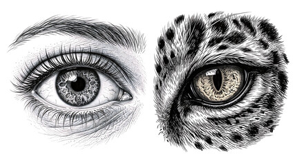 Fototapeta premium eye of the human and leopards white and black sketch design. 