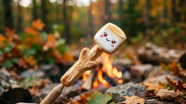A cute marshmallow with a smiling face on a stick roasting over a campfire in an autumn forest.