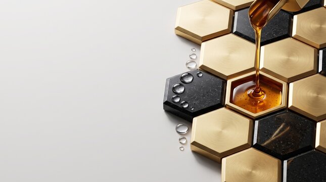 Minimalist hexagonal matte gold and black basalt honeycomb tiles with flowing amber honey and water droplets, luxury skincare and biomimicry design concept with banner copy space