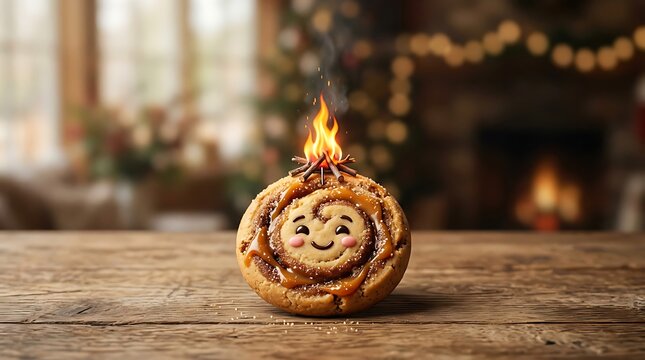 A cute smiling cinnamon roll cookie with a small flame on top sitting on a wooden table.