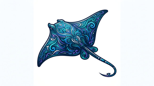 Intricate Artistic Blue Tribal Manta Ray Illustration Isolated on White with Transparent Background