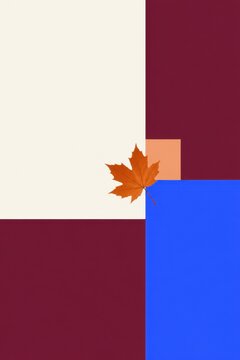 Single orange maple leaf rests on a minimalist geometric background with copy space