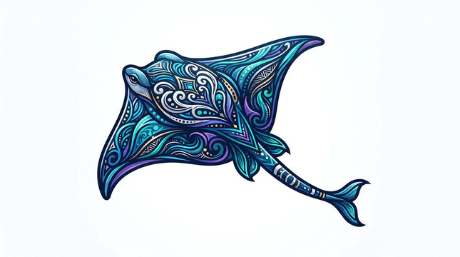 Ornamental Manta Ray Illustration with Tribal Patterns, Transparent Background, Isolated on White