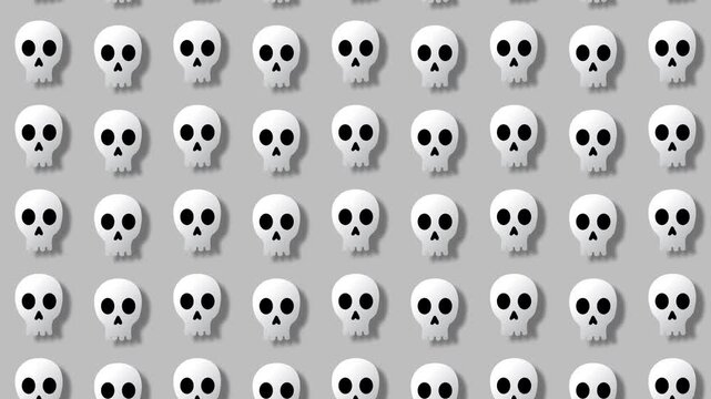 Animated White Skull Pattern Moving on Gray Background Seamless Loop Halloween Horror Concept.