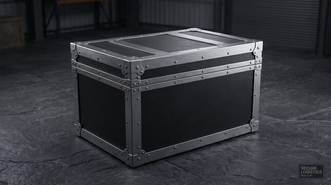 Heavy-duty black industrial shipping crate with reinforced metal corners and secure fasteners for safe storage