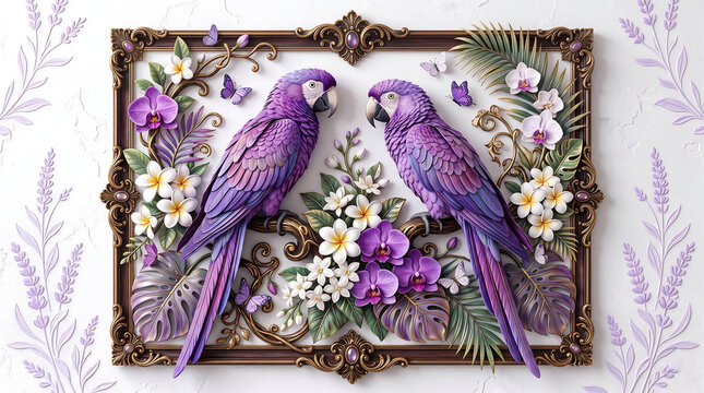 Parrot facing each other abstract violet colour flower  design perfect for art wall home decorative.