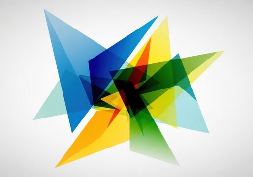 Abstract geometric composition with overlapping colorful translucent triangles isolated on white background
