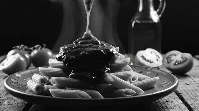 Black and white close up of penne pasta being drizzled with rich red sauce on a rustic plate