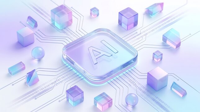 Advanced artificial intelligence processor chip with glowing light trails and floating geometric shapes representing digital transformation and high speed data processing for business growth