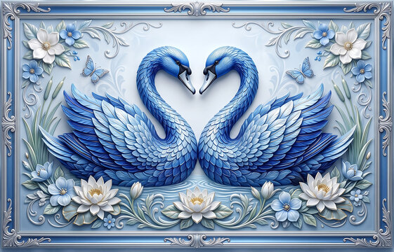 Swans facing each other abstract blue colour flower and butterfly design perfect for home art wall decorative.