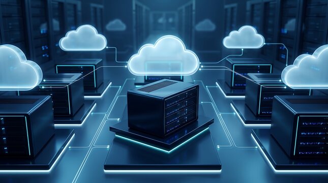 Central server unit surrounded by cloud computing icons in a high tech data center environment representing scalable business infrastructure and digital success