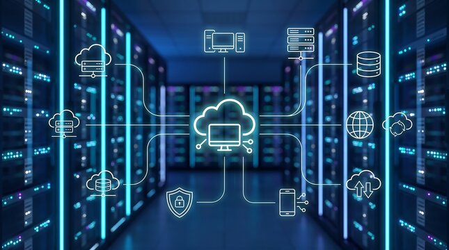 Connected digital cloud storage network icons floating over server racks representing cloud computing security and global enterprise business technology infrastructure management system