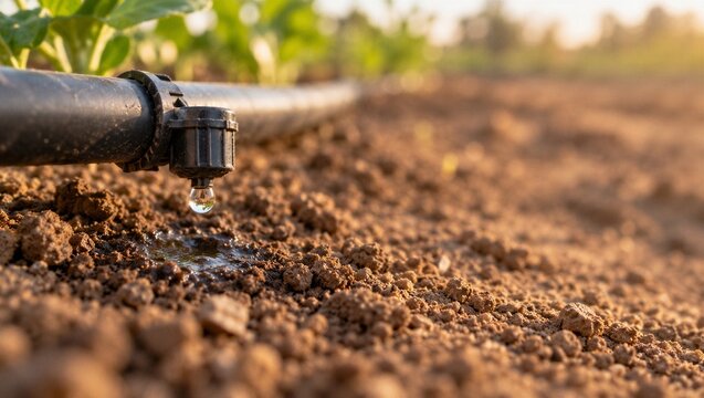 Drip Irrigation Emitter Watering Soil Beside Growing Plants