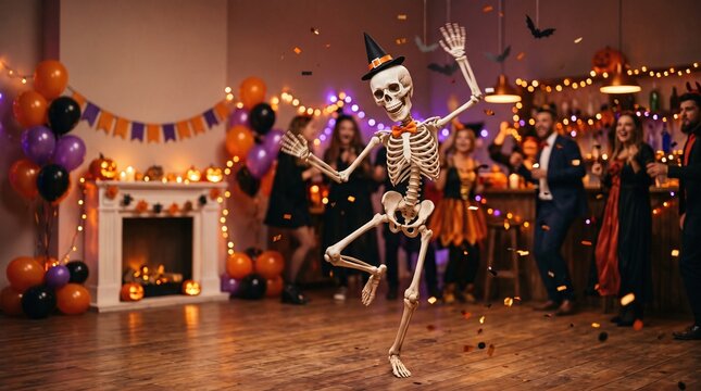Skeleton dancing at a Halloween party with people in costume and confetti falling