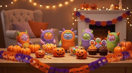 Fototapeta premium Halloween celebration with felt monsters pumpkins candy and cupcakes candy corn