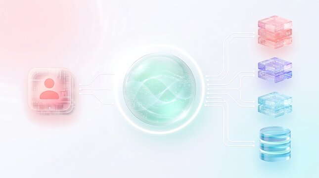 Personal data management system showing user profile integration with cloud storage and digital infrastructure through glowing glass UI elements for modern business security