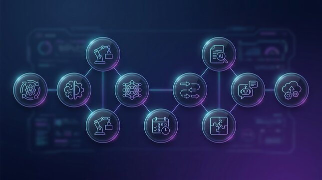 Innovative business strategy diagram with glowing circular icons representing robotics machine learning research and automated processes for futuristic corporate management solutions