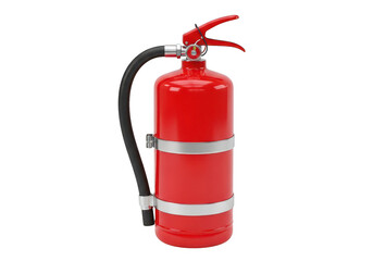 Obraz premium A red fire extinguisher with black hose and silver bands sits on transparent background
