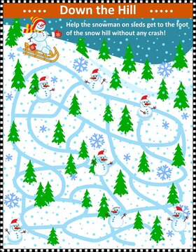 Winter maze game: Help the snowman on his sled reach the bottom of the snowy hill without any crash!
