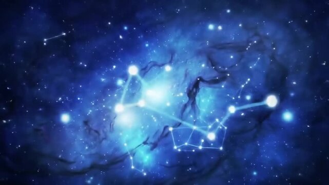 Glowing constellations and twinkling stars moving across deep blue galaxy