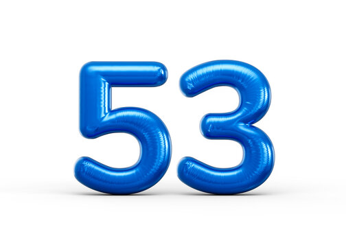 Glossy blue foil balloon number 53 isolated on white background, 3d illustration