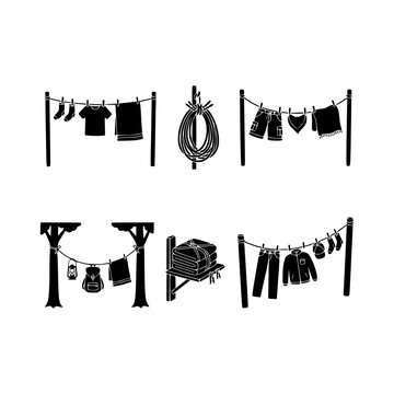 Clotheslines stretched camping gear silhouette vector illustration, Camping clotheslines stretched silhouette design