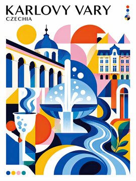 Colorful abstract illustration of Karlovy Vary architecture, fountains, flowing water, hills, and geometric shapes with a stylized city name title.