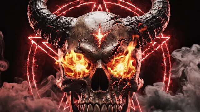 Flaming Demon Skull with Glowing Horns and Occult Symbol Background