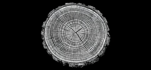 Obraz premium A close-up of a tree trunk's concentric growth rings arranged in a minimalist black and white composition.