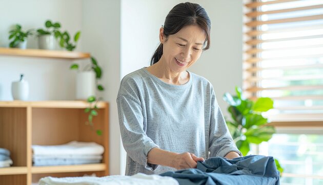 洗濯物を畳む日本人女性
