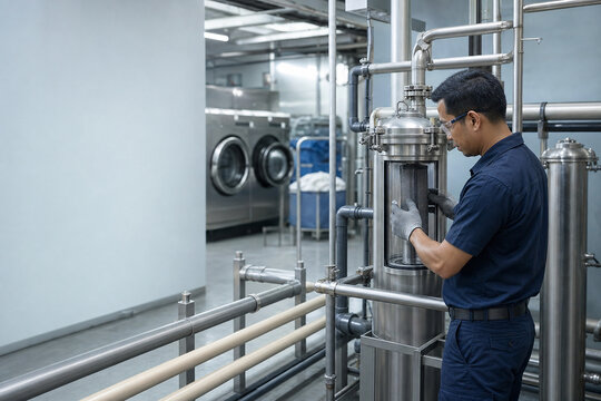 Hotel maintenance technician inspecting greywater filtration system in a clean utility area