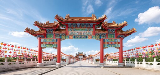Obraz premium Under a clear sky, a vibrant ancient temple entrance showcases detailed red and gold patterns celebrating cultural heritage.