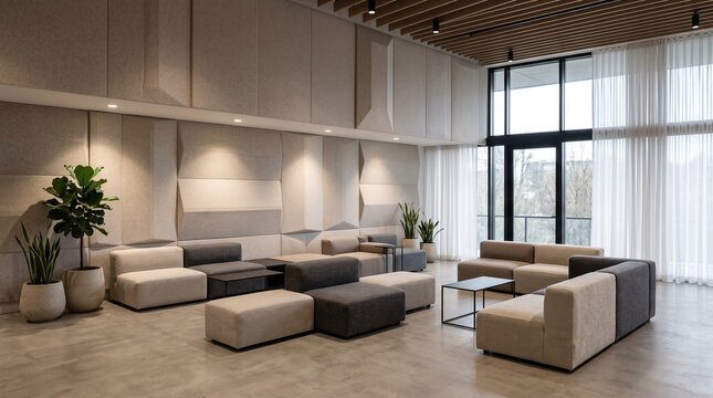 Modern office lounge interior, minimalist corporate lobby with modular sofas, contemporary waiting area with acoustic wall panels