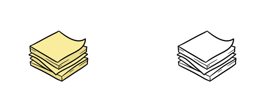 Flat style cartoon vector illustration of stack of yellow sticky note papers with red signature scribbled on top and line art outline version on white background
