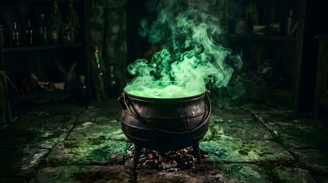 A bubbling cauldron in a dark forest evokes the mysterious and magical spirit of halloween night