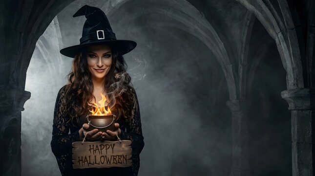 A captivating portrait of a woman dressed as a witch illuminated by a warm flickering candlelight glow