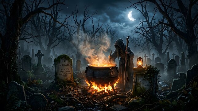 A mystical halloween night scene depicts a witch brewing a potion under a glowing full moon