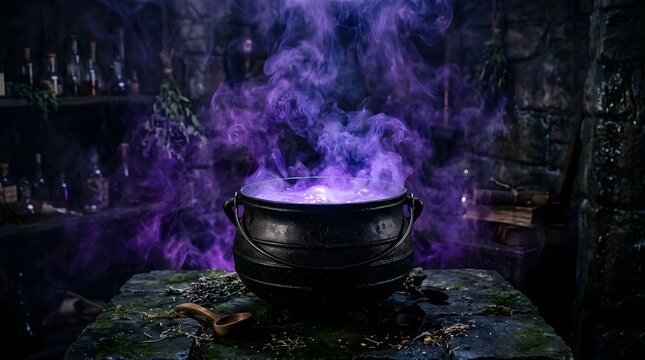 A bubbling cauldron of magical purple potion creates a spooky and mysterious halloween atmosphere