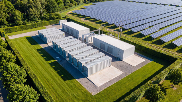 Solar energy and battery storage, aerial view of photovoltaic panels beside modular battery containers and utility buildings for renewable power integration and grid stability