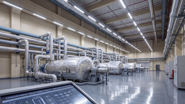 solar power and renewable electricity generation, industrial turbine hall with insulated pipelines, machinery and a digital control panel for thermal energy conversion and monitoring